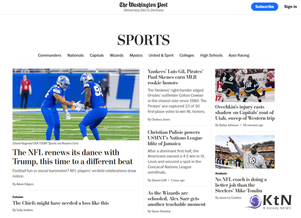 AI는 이미 언론사에서 핵심 역할을 수행하고 있다. 워싱턴포스트의 ‘헬리오그래프’는 자동으로 스포츠 경기 결과를 기사화하고, AP통신은 AI를 활용해 금융 보고서를 작성한다. 사진=워싱턴포스트 갈무리,  K trendy NEWS DB ⓒ케이 트렌디뉴스 무단전재 및 수집, 재배포금지