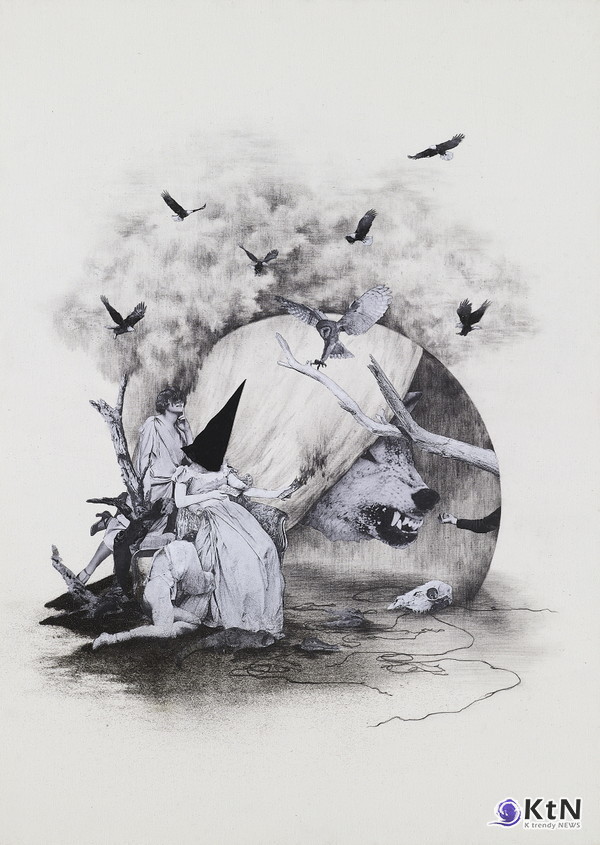 냉담의 시. collage and pencil, stone powder on fabric. 73x53cm. 2017  염지희 작가.  사진=K trendy NEWS DB ⓒ케이 트렌디뉴스 무단전재 및 수집, 재배포금지