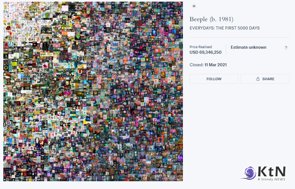 2021년 Beeple의 Everydays: The First 5000 Days가 $69.3 million에 낙찰되며 NFT는 현대 미술 시장의 중심 화두로 떠올랐다. 사진=크리스티, K trendy NEWS ⓒ케이 트렌디뉴스 무단전재 및 수집, 재배포금지