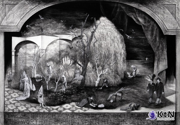 NOCTURAMA #2. collage, pencil, charcoal, stone powder on fabric. 112 x 162 cm. 2024  염지희 작가.  사진=K trendy NEWS DB ⓒ케이 트렌디뉴스 무단전재 및 수집, 재배포금지