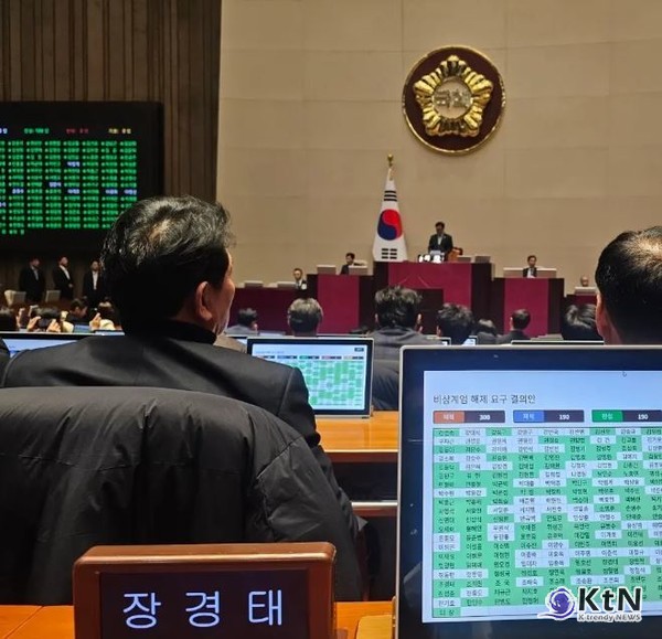 윤석열 대통령의 비상계엄 선포에 대해 국회가 약 3시간 만에 비상계엄 해제 결의안을 만장일치로 가결했다.  사진=장경태TV 갈무리, K trendy NEWS DB ⓒ케이 트렌디뉴스 무단전재 및 수집, 재배포금지