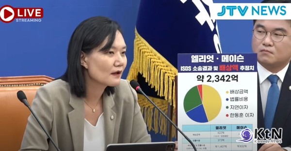 더불어민주당 김남희 원내부대표는 최근 국제중재소송에서 대한민국 정부가 헤지펀드 엘리엇과 메이슨을 상대로 패소하며, 2,342억 원에 달하는 손해배상금을 지급하게 된 사실을 지적했다./사진= JTV뉴스 유튜브 갈무리, K trendy NEWS DB ⓒ케이 트렌디뉴스 무단전재 및 수집, 재배포금지