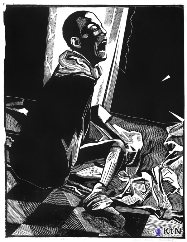 Крик. 1988. Из цикла «Приют». Б., линогравюра. 75х57,5. КНМИИ The Shout. 1988. From cycle «Shelter». Paper, linocut. 75х57,5. KNMFA  [갤러리 A]  사진=K trendy NEWS DB ⓒ케이 트렌디뉴스 무단전재 및 수집, 재배포금지