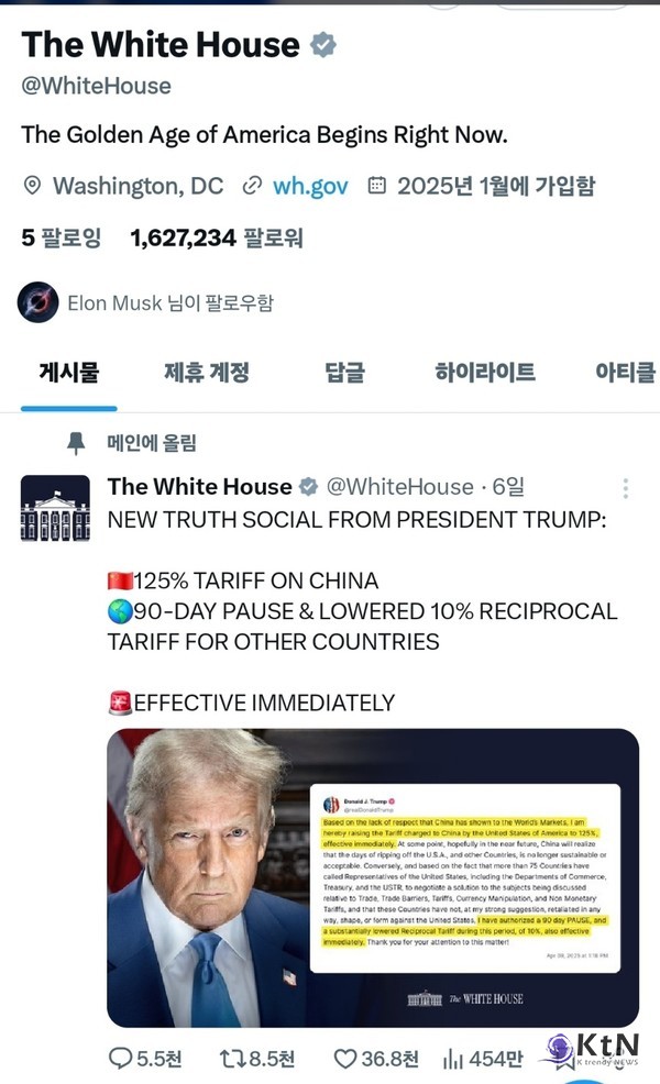 125% 관세, 실효성보다 메시지 효과를 노린 정치 언어. 사진=X갈무리, K trendy NEWS DB ⓒ케이 트렌디뉴스 무단전재 및 수집, 재배포금지
