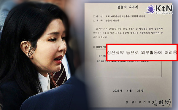“외부활동 어렵다” 김건희 여사, 심신쇠약 사유로 국회 청문회 불출석  사진=2025 04.25  딴지 일보 영상 갈무리 / 최민희SNS  K trendy NEWS DB ⓒ케이 트렌디뉴스 무단전재 및 수집, 재배포금지
