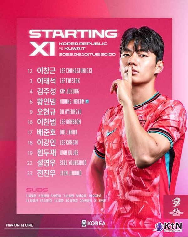 벤치의 손흥민, 그라운드엔 배준호·오현규…쿠웨이트전 충격 선발 공개 사진=2025 06.10  축구대표팀 인스타그램 갈무리 K trendy NEWS DB ⓒ케이 트렌디뉴스 무단전재 및 수집, 재배포금지