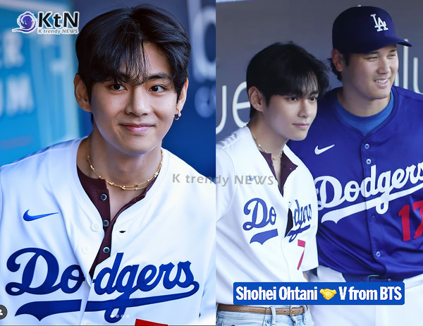 방탄소년단(BTS) 뷔와 메이저리그 최고의 스타 오타니 쇼헤이가 LA 다저스타디움에서 만났다. 뷔는 25일(현지시간) LA 다저스와 신시내티 레즈 경기의 시구자로 나서기 전, 흰색 다저스 유니폼 상의와 청바지를 입고 등장해 오타니와 따뜻한 포옹을 나누며 기념 촬영을 했다. 두 슈퍼스타의 만남은 현장을 찾은 팬들과 언론의 뜨거운 관심을 모았다.  사진=2025 08.26 mlb 인스타그램 갈무리  K trendy NEWS DB ⓒ케이 트렌디뉴스 무단전재 및 수집, 재배포금지