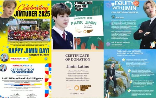 방탄소년단 지민 선행 따라 한 팬들… 전 세계 교육 기부 릴레이( Education Donation Relay ) 사진=2025 11.19   팬덤 아미 엑스 갈무리 K trendy NEWS DB ⓒ케이 트렌디뉴스 무단전재 및 수집, 재배포금지