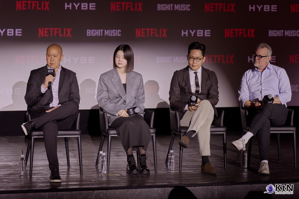 브랜든 리그 넷플릭스 VP, 김현정 빅히트 뮤직 VP, 유동주 하이브 뮤직그룹 APAC 대표,개럿 잉글리쉬 총괄 프로듀서. 사진=K trendy NEWS DB ⓒ케이 트렌디뉴스 무단전재 및 수집, 재배포금지