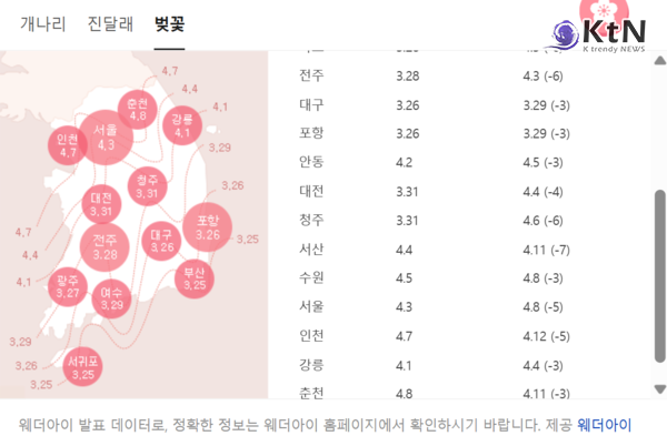 10일이나 일찍 터진 분홍빛 폭죽...오늘 전국에 '봄비'가 벚꽃 만개 시점 결정한다 [날씨] 사진=2026. 03.30 네이버 포털 벚꽃 만개 시기  K trendy NEWS DB ⓒ케이 트렌디뉴스 무단전재 및 수집, 재배포금지