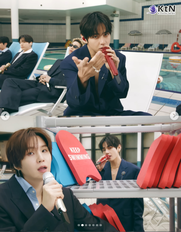  BTS (방탄소년단) 'SWIM' Live Clip II. (Swimming Pool ver.)  빌보드 차트를 휩쓴 방탄소년단 (BTS)은 유튜브 채널 ‘BANGTANTV’를 통해 ‘SWIM’ 라이브 클립 수영장 버전을 공개했다. 멤버 뷔는 개인 SNS에 "이거 엄청 재미나요"라는 메세지를 보내며 영상을 홍보 하기도 했다.  사진=2026. 04.01‘BANGTANTV’  뷔 , 슈가 K trendy NEWS DB ⓒ케이 트렌디뉴스 무단전재 및 수집, 재배포금지