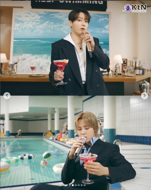  BTS (방탄소년단) 'SWIM' Live Clip II. (Swimming Pool ver.)  빌보드 차트를 휩쓴 방탄소년단 (BTS)은 유튜브 채널 ‘BANGTANTV’를 통해 ‘SWIM’ 라이브 클립 수영장 버전을 공개했다. 멤버 뷔는 개인 SNS에 "이거 엄청 재미나요"라는 메세지를 보내며 영상을 홍보 하기도 했다.  사진=2026. 04.01‘BANGTANTV’  정국, 지민 K trendy NEWS DB ⓒ케이 트렌디뉴스 무단전재 및 수집, 재배포금지