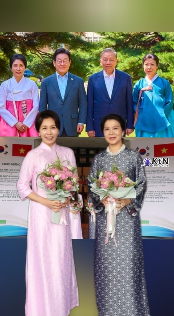 베트남을 국빈 방문 중인 이재명 대통령의 부인 김혜경 여사가 또람 베트남 당 서기장의 배우자 응오 프엉 리 여사로부터 선물 받은 분홍색 아오자이를 착용한 사진을 공개하며 양국의 깊은 유대감을 강조했다.  사진=2026. 04.23  ktv ,청와대 K trendy NEWS DB ⓒ케이 트렌디뉴스 무단전재 및 수집, 재배포금지
