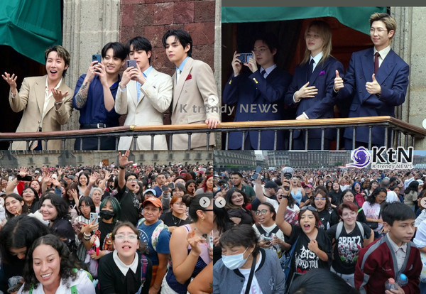 [기획] 방탄소년단 (BTS) 멕시코시티 공연, K가 비워진 자리에서 완성되는 글로벌 K팝... 대통령궁 발코니 선 BTS, 단순한 한류 스타 넘어 '글로벌 문화 인프라'로  사진=2026. 05.07 bts.bjghitofficial / 멕시코 정부 X  갈무리  ( 멕시코시티 소칼로 광장,  방탄소년단(BTS)은 클라우디아 셰인바움 멕시코 대통령의 초청으로 팔라시오 나시오날을 방문)  K trendy NEWS DB ⓒ케이 트렌디뉴스 무단전재 및 수집, 재배포금지