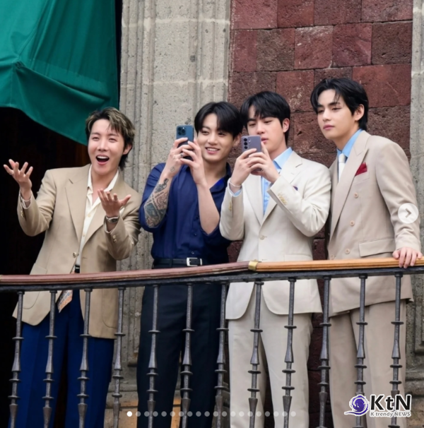 [기획] 방탄소년단 (BTS) 멕시코시티 공연, K가 비워진 자리에서 완성되는 글로벌 K팝... 대통령궁 발코니 선 BTS, 단순한 한류 스타 넘어 '글로벌 문화 인프라'로  사진=2026. 05.07 bts.bjghitofficial / 멕시코 정부 X  갈무리  ( 멕시코시티 소칼로 광장,  방탄소년단(BTS)은 클라우디아 셰인바움 멕시코 대통령의 초청으로 팔라시오 나시오날을 방문)  K trendy NEWS DB ⓒ케이 트렌디뉴스 무단전재 및 수집, 재배포금지