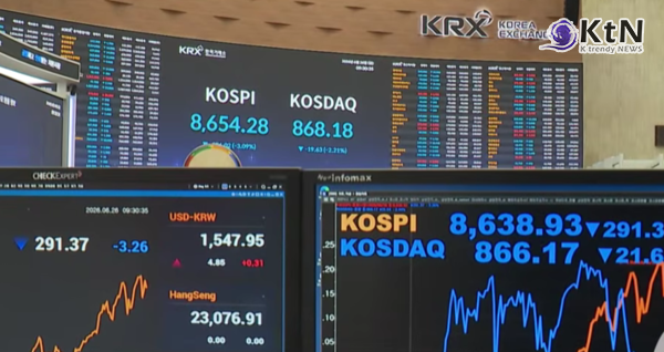 코스피 장중 5% 폭락에 사이드카 발동…삼성전자·SK하이닉스 무더기 투매  사진=2026. 06.26   방송영상 갈무리 K trendy NEWS DB ⓒ케이 트렌디뉴스 무단전재 및 수집, 재배포금지