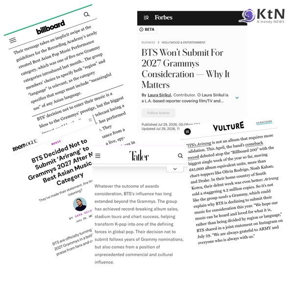 BTS, 진짜 문화시대①] BTS, 2027 그래미 출품 거부…‘아시안 팝’ 분류에 맞선 선택