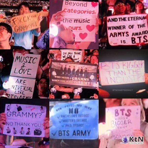 그룹 방탄소년단(BTS)이 미국 뉴욕 메트라이프 스타디움을 붉은빛 한복 물결과 15만 7000여 관객의 떼창으로 물들인 가운데, 그래미 어워즈의 K팝 차별적 행태에 맞선 전면 보이콧과 팬덤 아미의 글로벌 응원이 더해지며 세계 음악 시장에 전대미문의 메시지를 던졌다.  사진=2026. 08.03   빅히트뮤직 ARMY X  갈무리 K trendy NEWS DB ⓒ케이 트렌디뉴스 무단전재 및 수집, 재배포금지