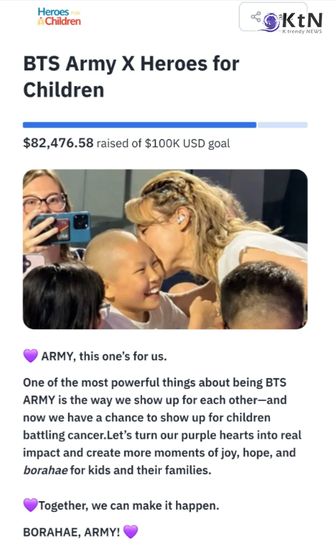  방탄소년단(BTS) 지민이 소아암을 앓는 어린 팬에게 건넨 키링 하나와 포옹이 전 세계 아미(ARMY)의 기부 릴레이로 번졌다. 미국 소아암 아동 지원 비영리단체 Heroes for Children을 향한 후원금은 당초 목표였던 5만달러를 이틀 만에 넘어섰고, 8월 20일 기준 8만4000달러 이상으로 늘었다.   사진=2026. 08.21 .ARMY/ Heroes for Children sns 갈무리  K trendy NEWS DB ⓒ케이 트렌디뉴스 무단전재 및 수집, 재배포금지