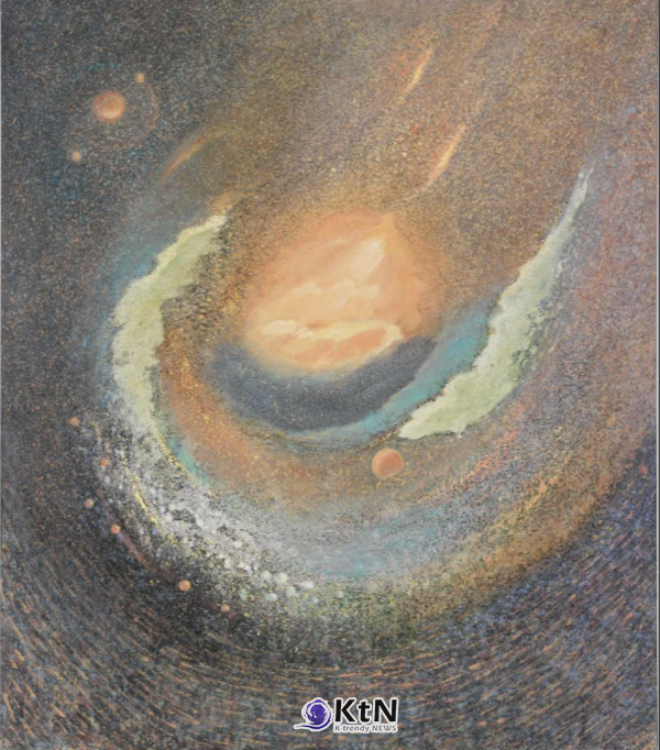 방혜자, ‘Univers’, 1989, 캔버스에 천연안료·닥종이, 퐁피두센터 소장. 한지와 천연안료를 중심으로 우주적 공간을 전개한 1980년대 후반 작품으로, 다음 시기 천연안료와 자연 물질 연구가 본격화되는 흐름과 맞닿는다. 방혜자재단 기증, 2024. 사진 © Centre Pompidou, MNAM-CCI/Janeth Rodriguez-Garcia/Dist. GrandPalaisRmn.