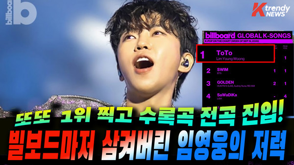 '또또' 1위 찍고 전곡 줄세우기…빌보드코리아 흔든 임영웅의 저력 사진=2026. 09.17. 물고기뮤직 갈무리 (16일 빌보드코리아가 발표한 ‘글로벌 K송(BILLBOARD KOREA GLOBAL K-SONGS)’ 차트에 따르면, 임영웅이 지난 8일 발매한 데뷔 10주년 기념 스페셜 디지털 앨범 ‘아임 히어로 텐(IM HERO 10)’의 타이틀곡 ‘또또’가 1위를 기록했다. ) K trendy NEWS DB ⓒ케이 트렌디뉴스 무단전재 및 수집, 재배포금지