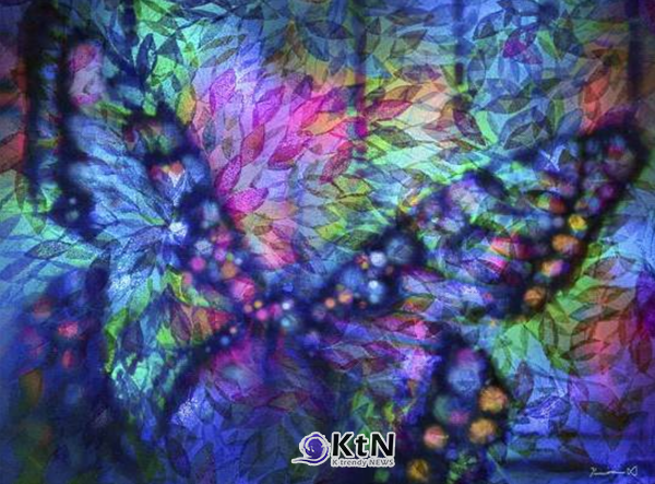나비킴(Navikim·김현정), ‘날으는 빛 7(Flying Light 7)’, 2009, Constructed photography, Pigment print, 56×73cm. 투명 매체와 RGB 광원의 투과·반사·산란을 이용해 빛과 나비의 형상을 구성한 뒤 사진과 피그먼트 프린트로 완성한 작품이다.