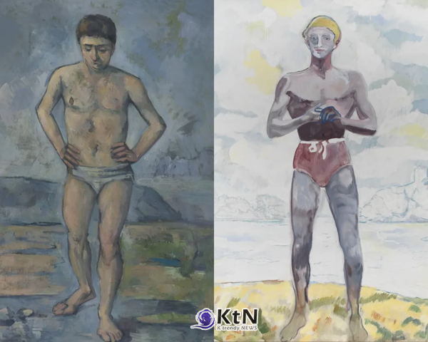 폴 세잔(Paul Cezanne)의 'Le Baigneur'(약 1885)와 피터 도이그(Peter Doig)의 'Bather'(2023). 세잔의 작품은 뉴욕 현대미술관(MoMA), 도이그의 작품은 래리 가고시안(Larry Gagosian) 컬렉션에서 왔다. 130년 넘는 시차를 둔 두 작품은 'Cezanne et nous'에서 서로 가까이 배치됐다. © The Museum of Modern Art, New York/Scala, Florence·© Peter Doig. All Rights Reserved, DACS/Adagp, Paris, 2026, Collection of Larry Gagosian/Maris Hutchinson, courtesy Gagosian