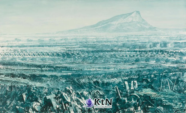 마크 탠지(Mark Tansey) 'Valley of Doubt'(1990). 세잔이 반복해서 그린 생트빅투아르 산을 문자와 단어가 결합된 이미지로 다시 구성했다. 뉴욕 휘트니미술관(Whitney Museum of American Art) 소장. © Mark Tansey/Whitney Museum of American Art, New York/Ti Nighswander/Imaging4art