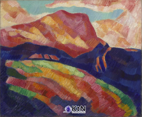 마스던 하틀리(Marsden Hartley) 'Mont Sainte-Victoire (montagne rouge)'(약 1927). 세잔이 반복해서 그렸던 생트빅투아르 산을 붉은 색조로 다시 구성했다. 작품은 빌첵재단 컬렉션(The Vilcek Foundation Collection) 소장. © The Vilcek Foundation Collection/The Vilcek Foundation
