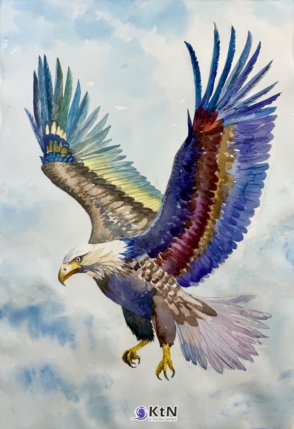 조운호, ‘창공을 나는 독수리’, 2025.11.08, 수채화, 50.5×75.2cm. ‘혼의 비상(Soaring Soul)-빛의 날개(Wings of Light)’.