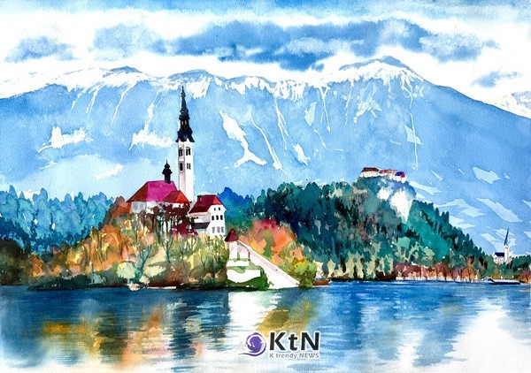 조운호, ‘블레드 호수(Lake Bled)’, 2025.07.06, 수채화, 52×39cm. 알프스 산맥 아래 슬로베니아 블레드 호수를 담았다.