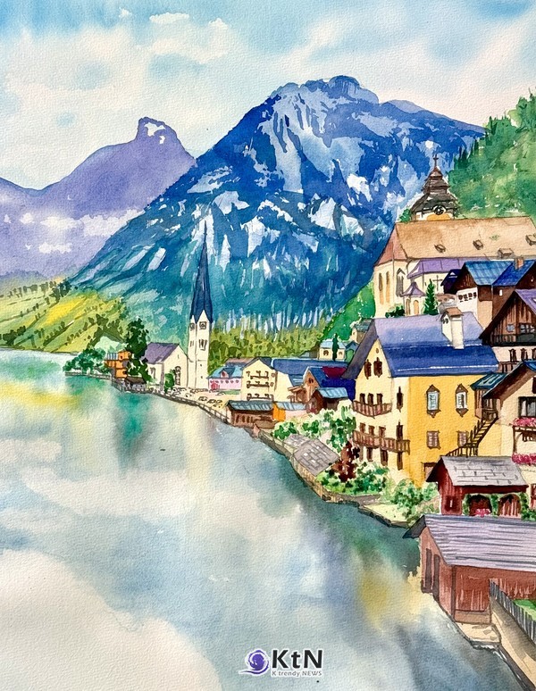 조운호, ‘할슈타트(Hallstatt) 마을’, 2025.08.17, 수채화, 39×52cm. 오스트리아 할슈타트 마을.