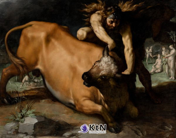 코르넬리스 코르넬리스존 판 하를럼(Cornelis Cornelisz. van Haarlem), 'Hercules and Achelous'. 황소로 변신한 아켈로오스의 뿔을 붙잡은 헤라클레스를 작품 전면에 크게 배치해 신화적 격투를 육체와 힘의 충돌로 압축했다. 거대한 황소의 황갈색 몸과 어두운 배경, 밝게 드러난 헤라클레스의 근육이 강한 명암 대비를 만든다.  사진=Christie's, K trendy NEWS DB ⓒ케이 트렌디뉴스 무단전재 및 수집, 재배포금지