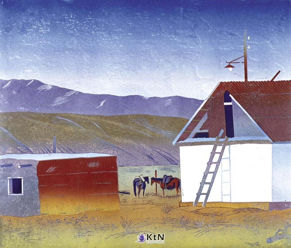 유리 스탄벡 쉬가예프(Yuristanbek Shygaev), ‘햇빛 비친 집(House shone by sun)’, 색채 리놀륨 판화, 40×50㎝. 카니베크 아제크바로프(Kanybek Ajekbarov) 컬렉션.