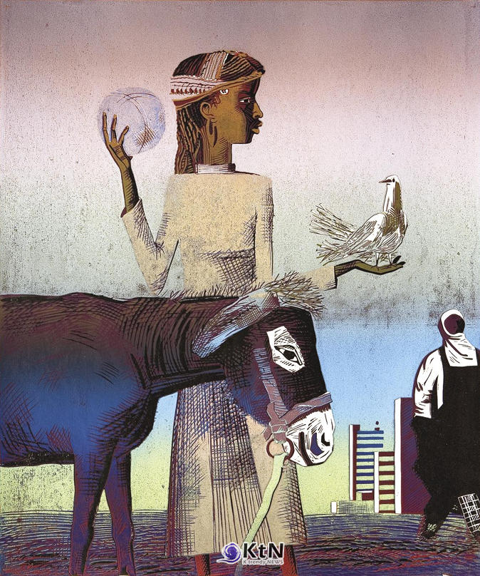 유리 스탄벡 쉬가예프(Yuristanbek Shygaev), ‘비둘기를 든 소녀(Girl with pigeon)’, 1986, 색채 리놀륨 판화, 60×50㎝, 러시아 국립 트레티야코프 미술관(State Tretyakov Gallery) 소장.