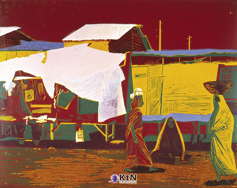 유리 스탄벡 쉬가예프(Yuristanbek Shygaev), ‘디레다우의 거리 I(Street in Dyre-Dau I)’, 색채 리놀륨 판화, 40×50㎝. 러시아 소장.