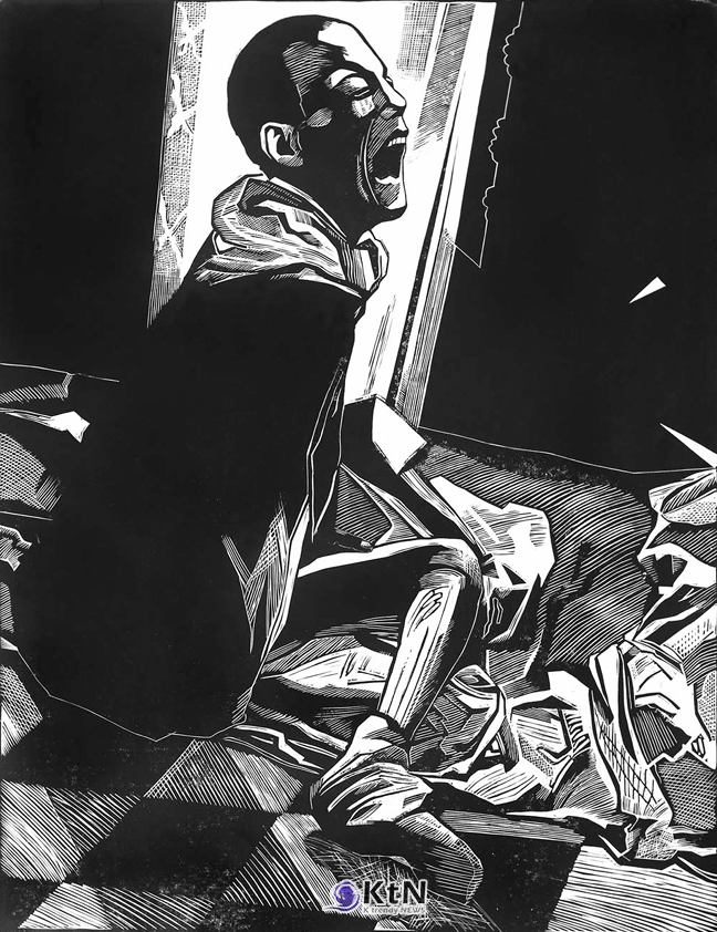 유리 스탄벡 쉬가예프(Yuristanbek Shygaev), ‘절규(The Shout)’, 1988, ‘Shelter’ 연작, 종이에 리놀륨 판화, 75×57.5㎝, 키르기스 국립미술관(KNMFA) 소장.