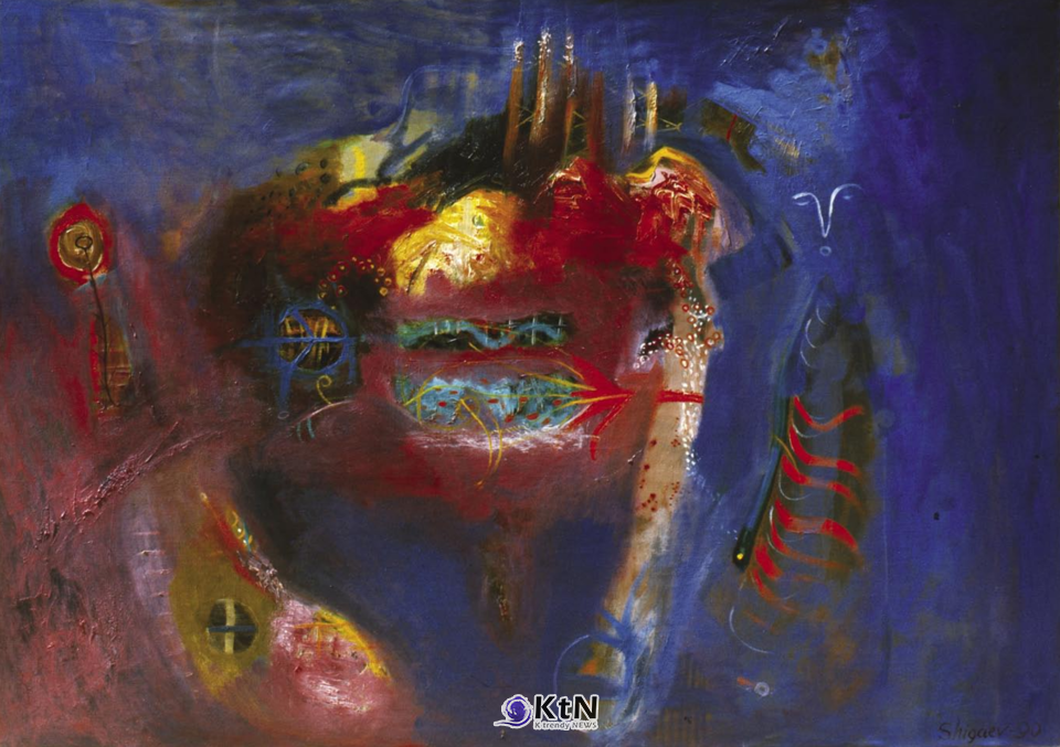 유리 스탄벡 쉬가예프(Yuristanbek Shygaev), ‘호숫가(Beside Lake)’, 1989, 캔버스에 유채, 110×180㎝, 마리엘 샌더스-린스트롬(Mariel Sanders-Linstrom) 컬렉션, 스톡홀름, 스웨덴.