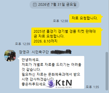 (자료3) 시민이 직접 포천시민축구단에 자료 요청했으나 시민축구단 장영규 대표는 '문화체육과'에서 받으라고 안내했다. (자료=카카오톡 캡쳐)