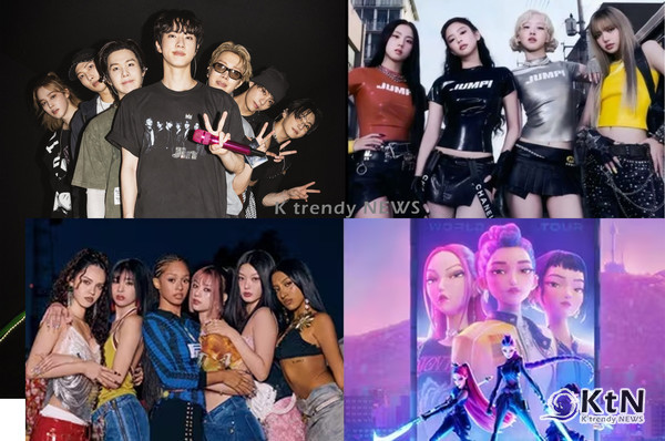 방탄소년단(BTS)과 블랙핑크(BLACKPINK)가 미국 '2026 키즈 초이스 어워즈(Kids’ Choice Awards·KCA)'에서 나란히 인기 음악 그룹상 후보에 올랐다. 블랙핑크 멤버 로제와 제니, 글로벌 걸그룹 캣츠아이(KATSEYE)에 이어 넷플릭스 애니메이션 '케이팝 데몬 헌터스(KPop Demon Hunters)'까지 주요 부문에 이름을 올리면서 K팝의 영향력이 음악과 영화, 애니메이션, 성우 연기로 확대되고 있다.  사진=2026. 10.10. 빅히트뮤직, 하이브-게펜 레코드 , YG엔터, 넷플릭스 갈무리 K trendy NEWS DB ⓒ케이 트렌디뉴스 무단전재 및 수집, 재배포금지