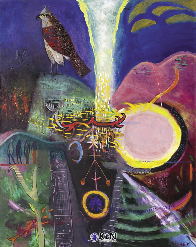유리 스탄벡 쉬가예프(Yuristanbek Shygaev), ‘매의 위엄(His Majesty Falcon)’, 1990, 캔버스에 유채, 195×150㎝, 작가 소장.