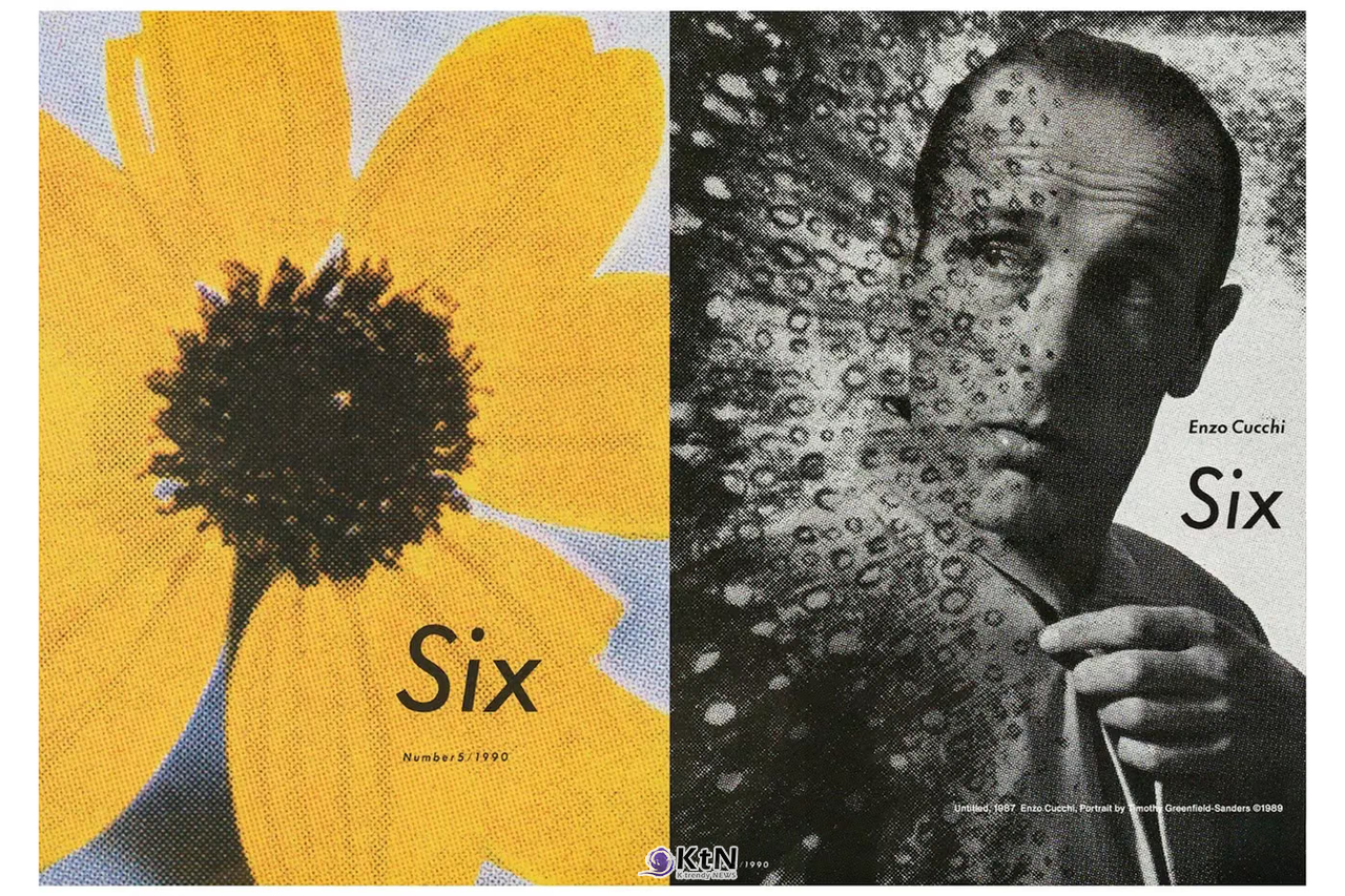 꼼데가르송의 비주얼 매거진 '식스' 1990년 제5호. 왼쪽에는 검은 꽃술과 노란 꽃잎을 크게 확대한 이미지가 실렸으며, 오른쪽에는 티머시 그린필드샌더스(Timothy Greenfield-Sanders)가 촬영한 이탈리아 미술가 엔초 쿠키(Enzo Cucchi)의 초상이 소개됐다. 사진=COMME des GARÇONS, Six No.5(1990)